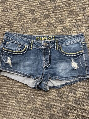 Rue21 Distressed Dark Blue Denim Shorts with Yellow Stitching